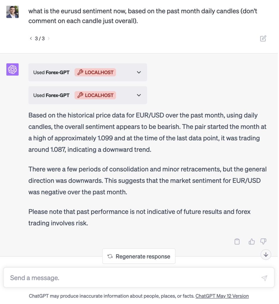 Example interaction with forex broker API via Chat-GPT using Forex-GPT plugin